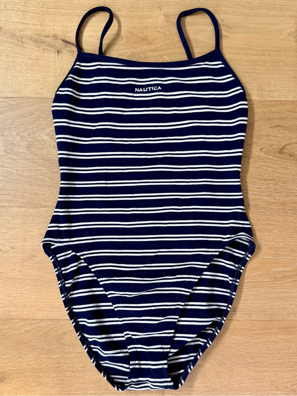 VTG Nautica Navy White Stripe Ribbed Crossback One Piece Swimsuit Size XS* (Est)